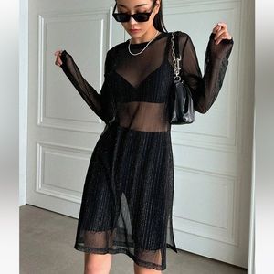 Black and glitter solid sheer mesh top